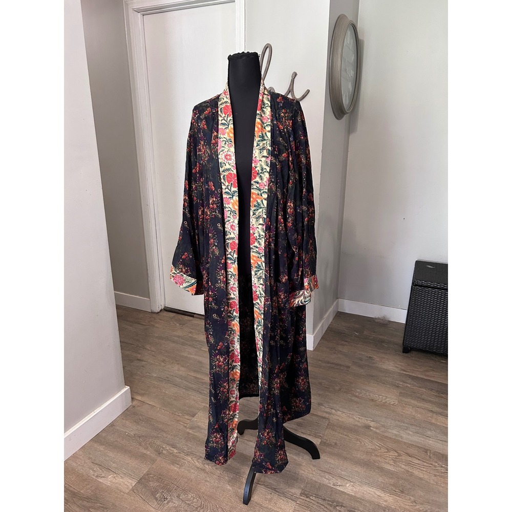 Natural Life Floral Kimono Duster Navy Blue Boho Rayon Long Robe Womens L/XL